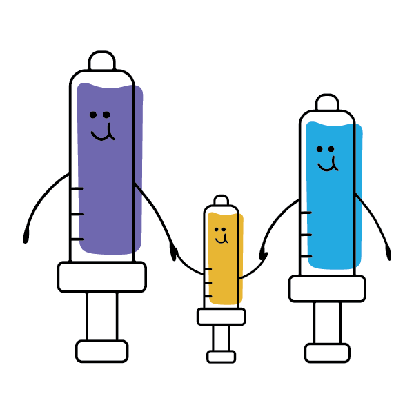 Cartoon oral syringe family with smiling faces holding hands as a healthy family.